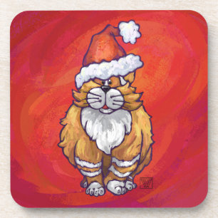 Ginger Cat Christmas On Red Drink Coaster