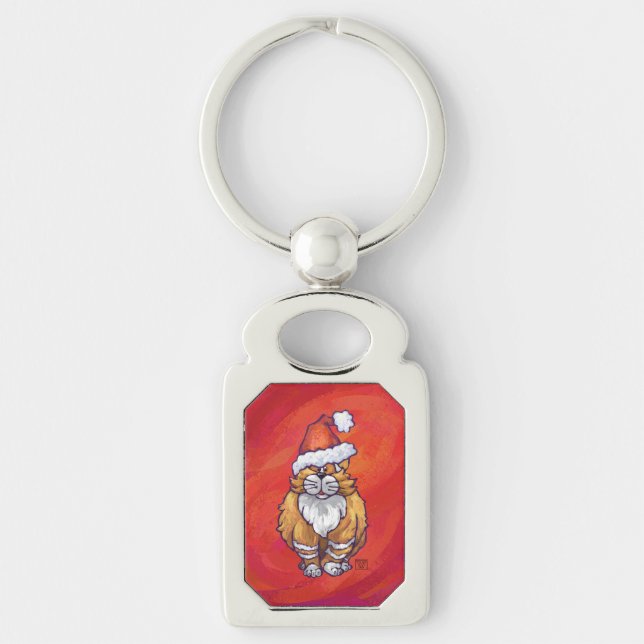 Ginger Cat Christmas On Red Keychain (Front)