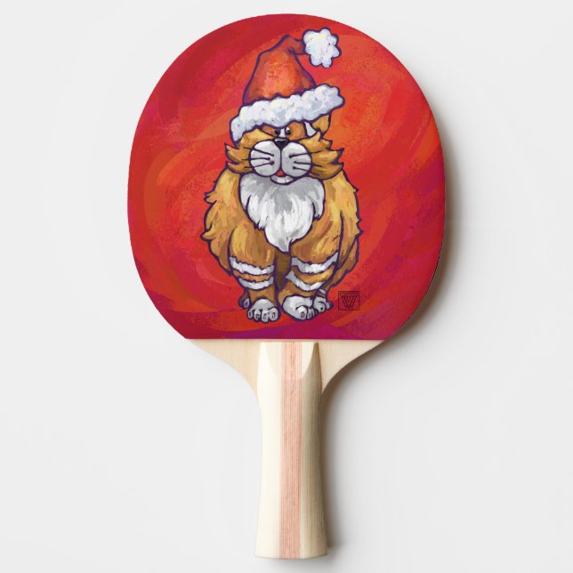 Ginger Cat Christmas On Red Ping-Pong Paddle (Front)