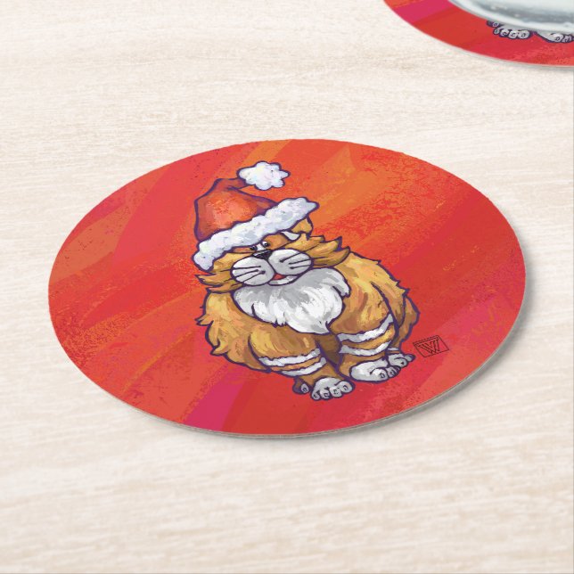 Ginger Cat Christmas On Red Round Paper Coaster (Angled)