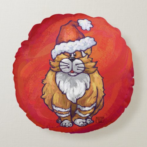 Ginger Cat Christmas On Red Round Pillow