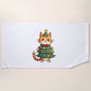 Ginger Cat Christmas Tree Cute Xmas 4 Beach Towel