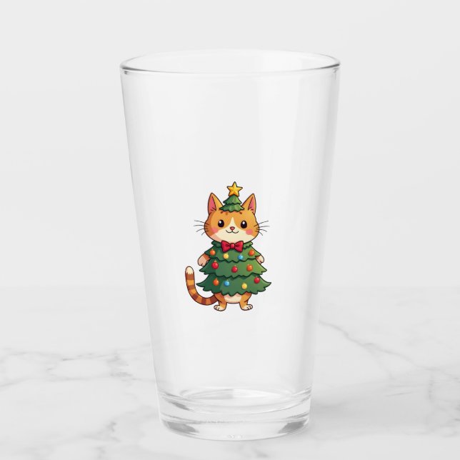 Ginger Cat Christmas Tree Cute Xmas 4 Glass (Front)