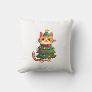 Ginger Cat Christmas Tree Cute Xmas 4 Throw Pillow
