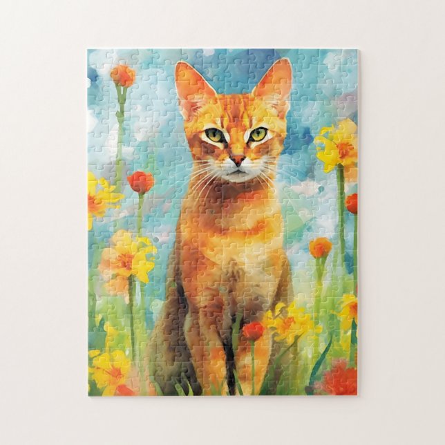 Ginger cat colorful watercolor artwork jigsaw puzzle (Vertical)