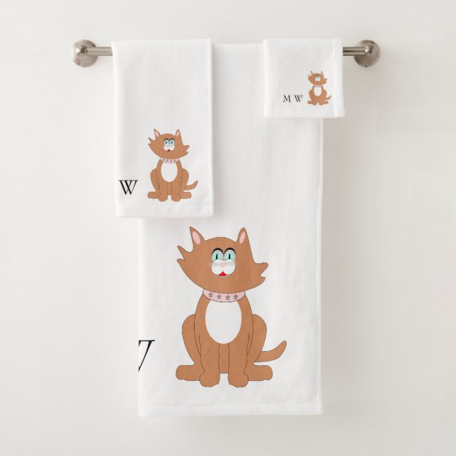 Ginger Cat Design Monogrammed Bath Towel Set (Insitu)