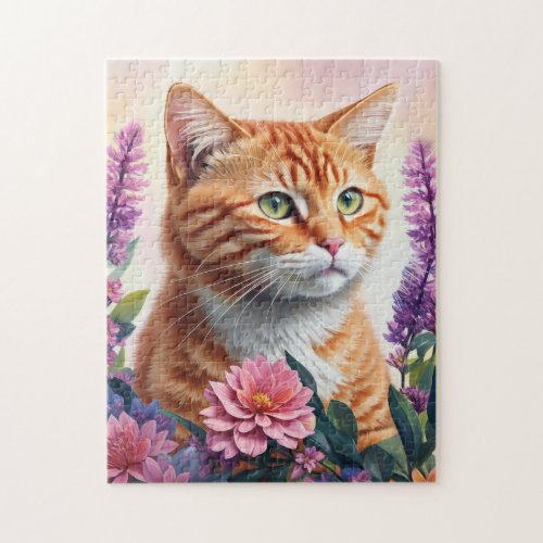 Ginger Cat Floral Multicolor Art Jigsaw Puzzle