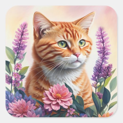 Ginger Cat Floral Multicolor Art Square Sticker