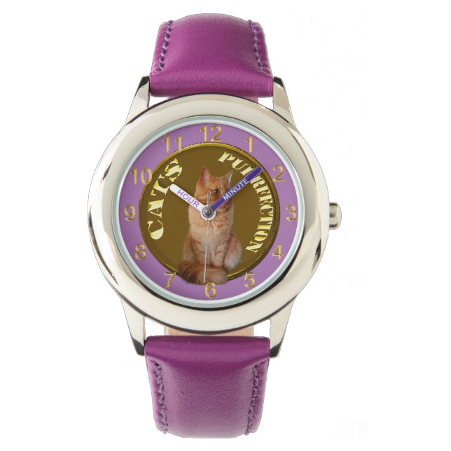 Ginger Cat Gold Coin, Kids Purple Watch (Front)