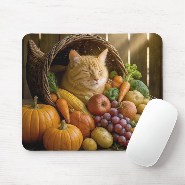 Ginger Cat In a Harvest Cornucopia Mouse Pad (With Mouse)