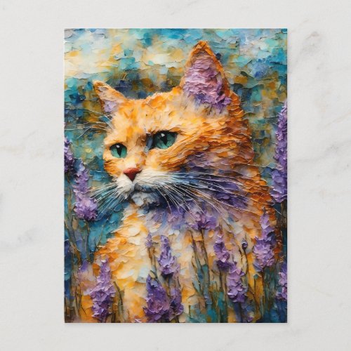 ginger cat in a lavender field encaustic postcard