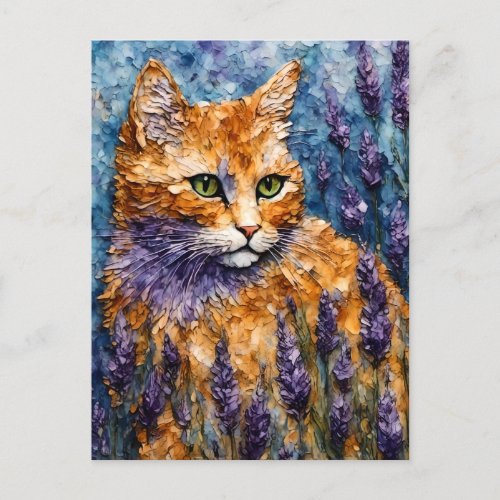 ginger cat in a lavender field postcard