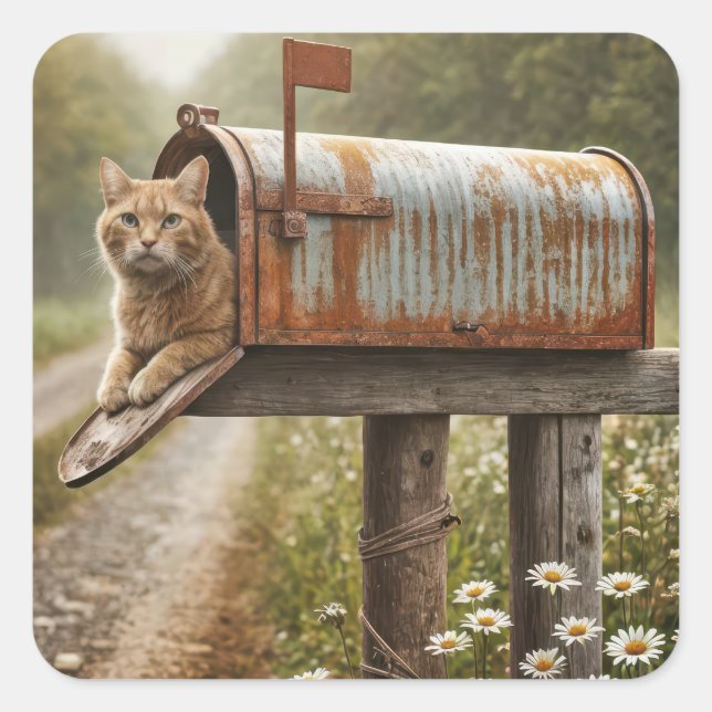 Ginger Cat In a Mailbox Square Sticker (Front)