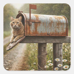 Ginger Cat In a Mailbox Square Sticker
