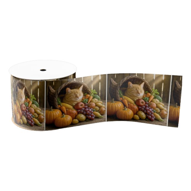 Ginger Cat In a Thanksgiving Cornucopia Grosgrain Ribbon (Spool)