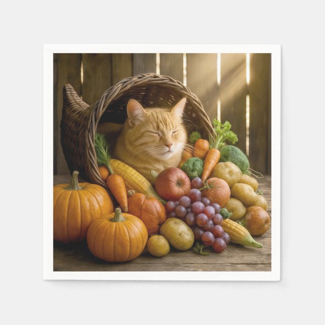 Ginger Cat In a Thanksgiving Cornucopia Napkins (Front)