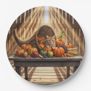 Ginger Cat In a Thanksgiving Cornucopia Paper Plates