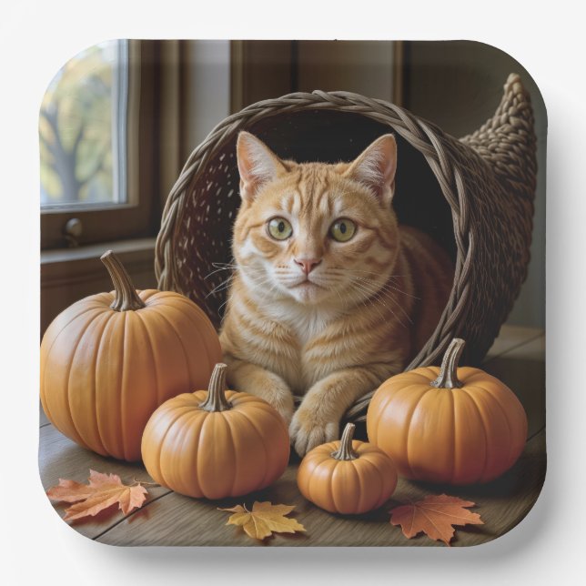 Ginger Cat In a Thanksgiving Cornucopia  Paper Plates (Front)