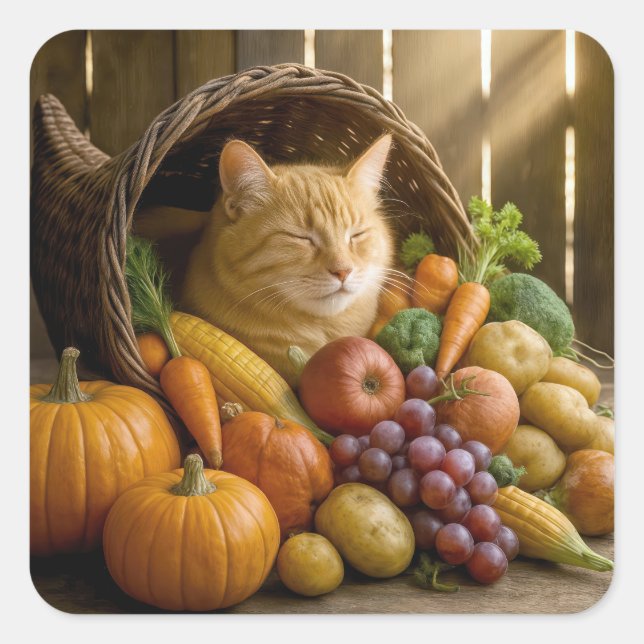 Ginger Cat In a Thanksgiving Cornucopia Square Sticker (Front)