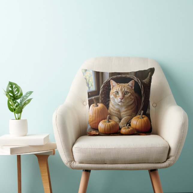 Ginger Cat In a Thanksgiving Cornucopia  Throw Pillow (Chair)
