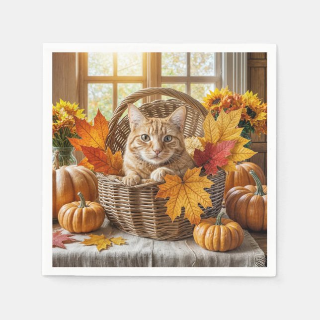 Ginger Cat in Autumn Basket Napkins (Front)
