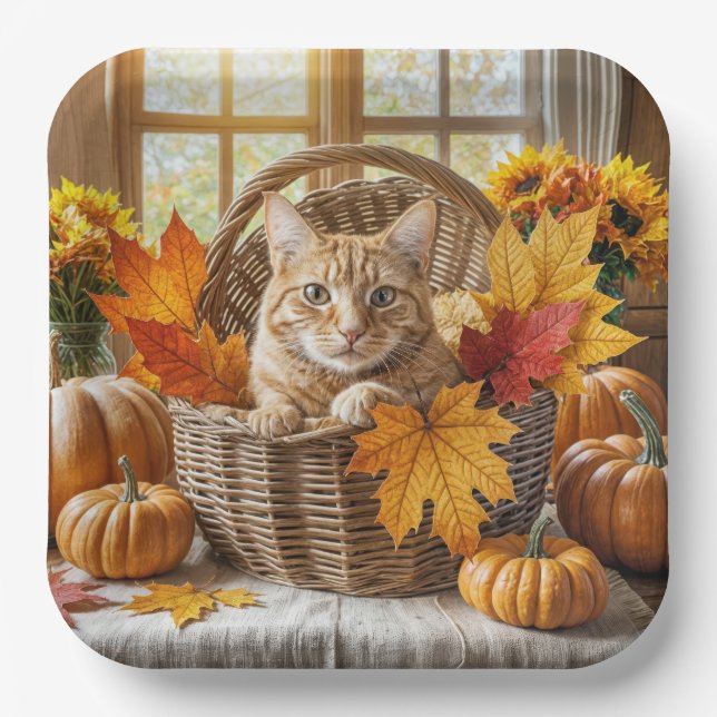 Ginger Cat in Autumn Basket Paper Plates (Front)