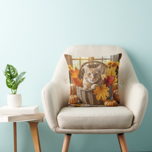 Ginger Cat in Autumn Basket Throw Pillow