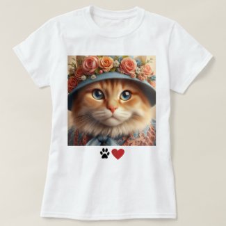 Ginger Cat in Blue Hat with Flowers  Cat Lover 