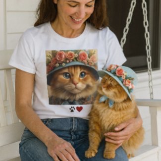 Ginger Cat in Blue Hat with Flowers Cat Lover
