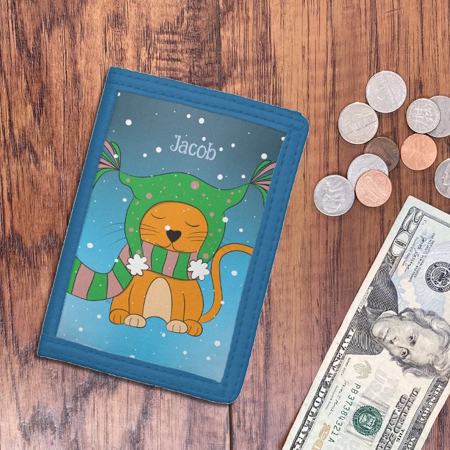 Ginger Cat in Snow Blue Wallet with Name  (Creator Uploaded)