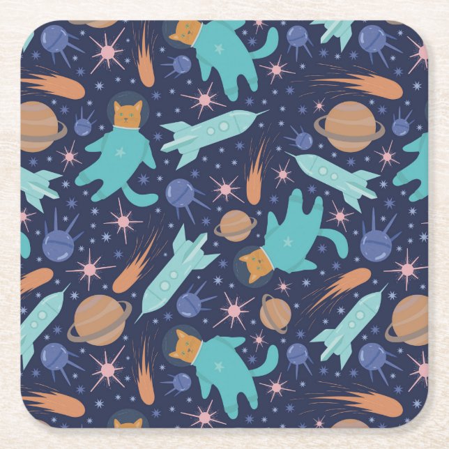 Ginger cat in space galaxy adventure square paper coaster (Front)