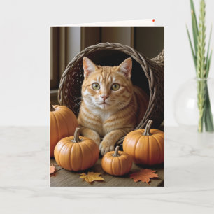 Ginger Cat in Thanksgiving Cornucopia Holiday Card