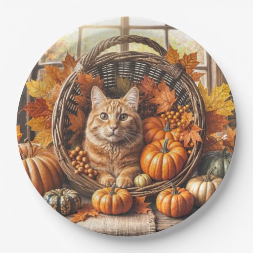 Ginger Cat in Thanksgiving Cornucopia Paper Plates