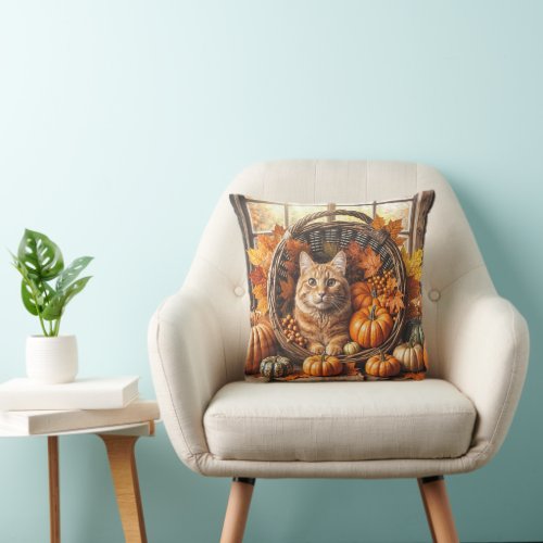 Ginger Cat in Thanksgiving Cornucopia Throw Pillow