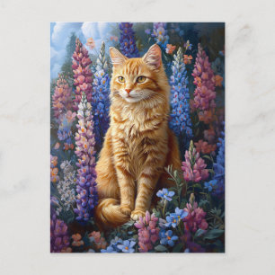 Ginger Cat Lupine Field Painting Postcard