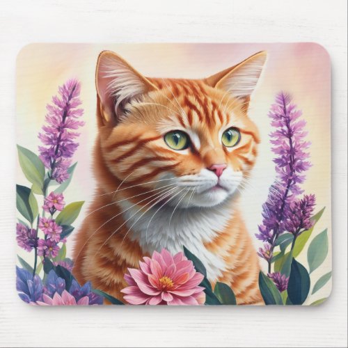 Ginger Cat Multicolor Flowers Art Mouse Pad