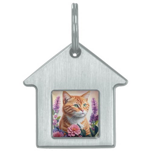Ginger Cat Multicolor Flowers Art Pet ID Tag