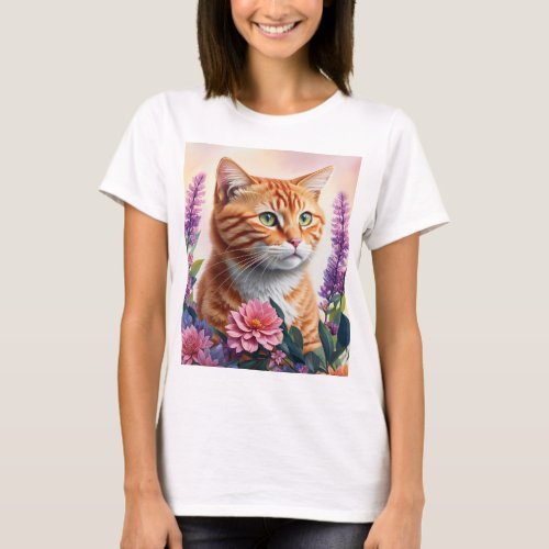 Ginger Cat Multicolor Flowers Art T_Shirt