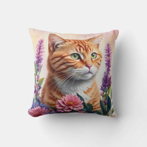 Ginger Cat Multicolor Flowers Art Throw Pillow