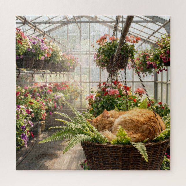 Ginger Cat Napping in Hanging Fern Basket Jigsaw Puzzle (Vertical)