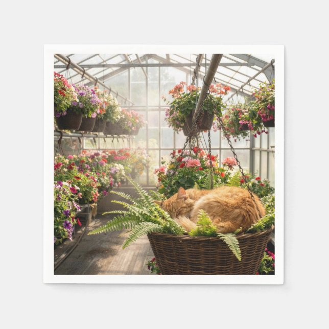 Ginger Cat Napping in Hanging Fern Basket Napkins (Front)