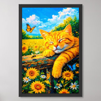 Ginger cat napping peacefully on rustic wood fence framed art