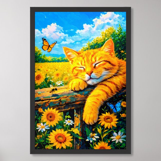 Ginger cat napping peacefully on rustic wood fence framed art (Framed Front)