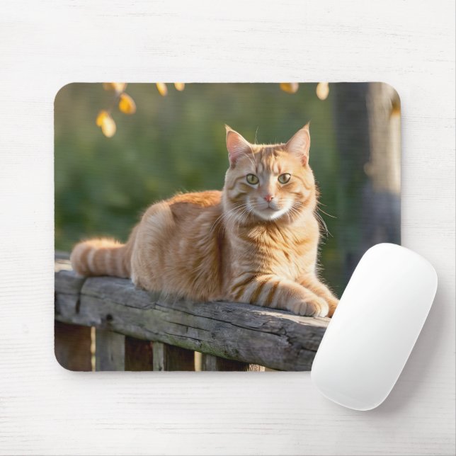 Ginger Cat On a Rustic Fence Mouse Pad (With Mouse)