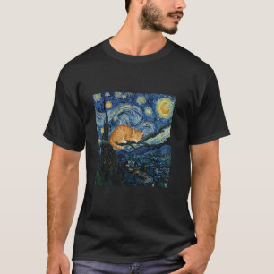 Ginger Cat on a Tree Branch Van Gogh Starry Night  T-Shirt