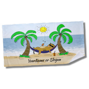 Ginger Cat on Hammock with Palm Trees Sand & Ocean Beach Towel