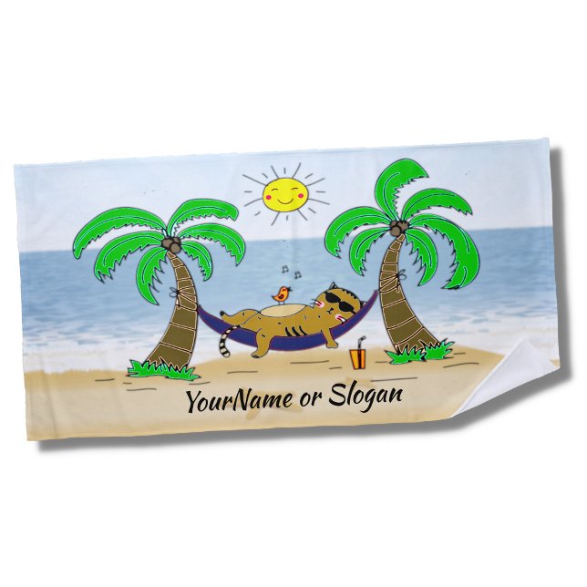 Ginger Cat on Hammock with Palm Trees Sand & Ocean Beach Towel (Creator Uploaded)