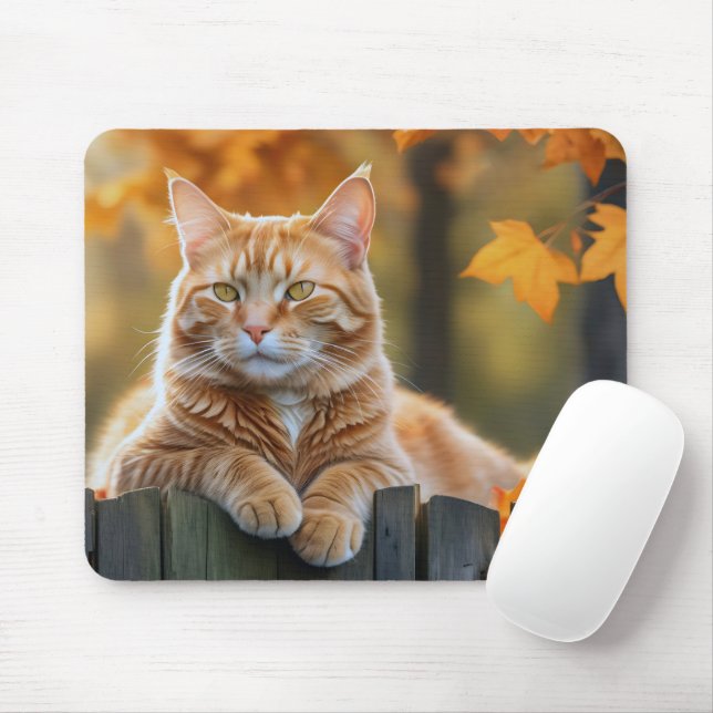 Ginger Cat On Rustic Fence Mouse Pad (With Mouse)