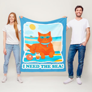Ginger Cat on the Beach I Need the Sea Summer Fleece Blanket