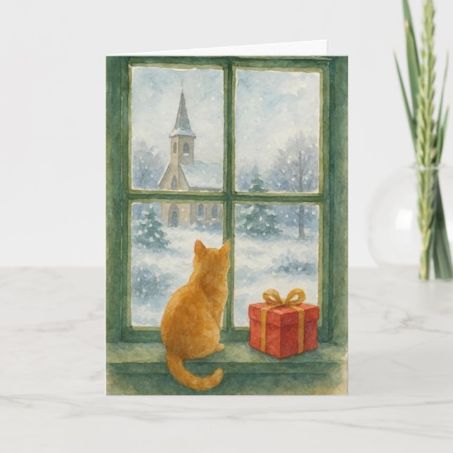 Ginger Cat overlooking a winter's scene  Holiday Card (Front)